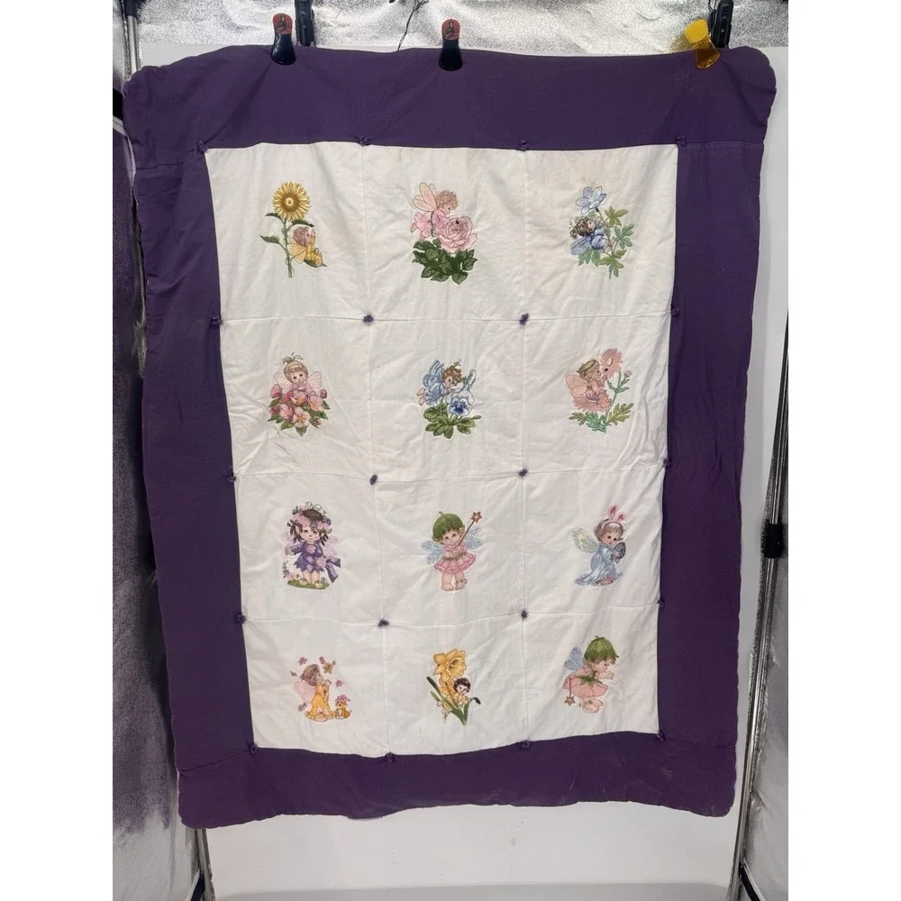 Vintage Handmade Fairy Quilt Embroidered Flower Baby Blanket Purple Cottagecore